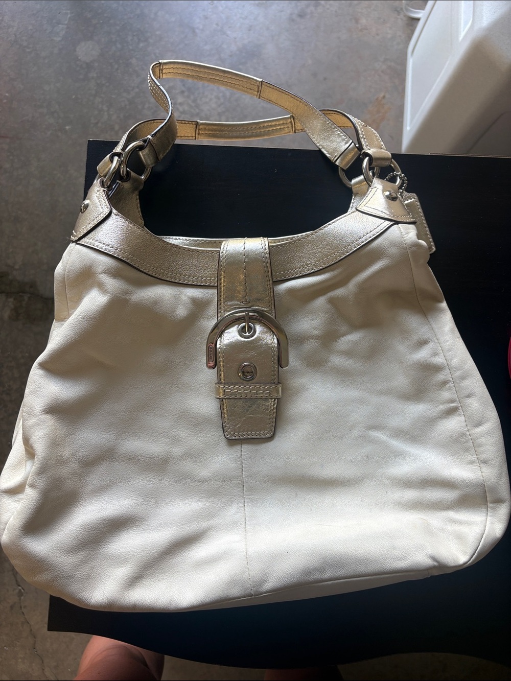 Women's White Leather Shoulder Bag with Metallic Trim